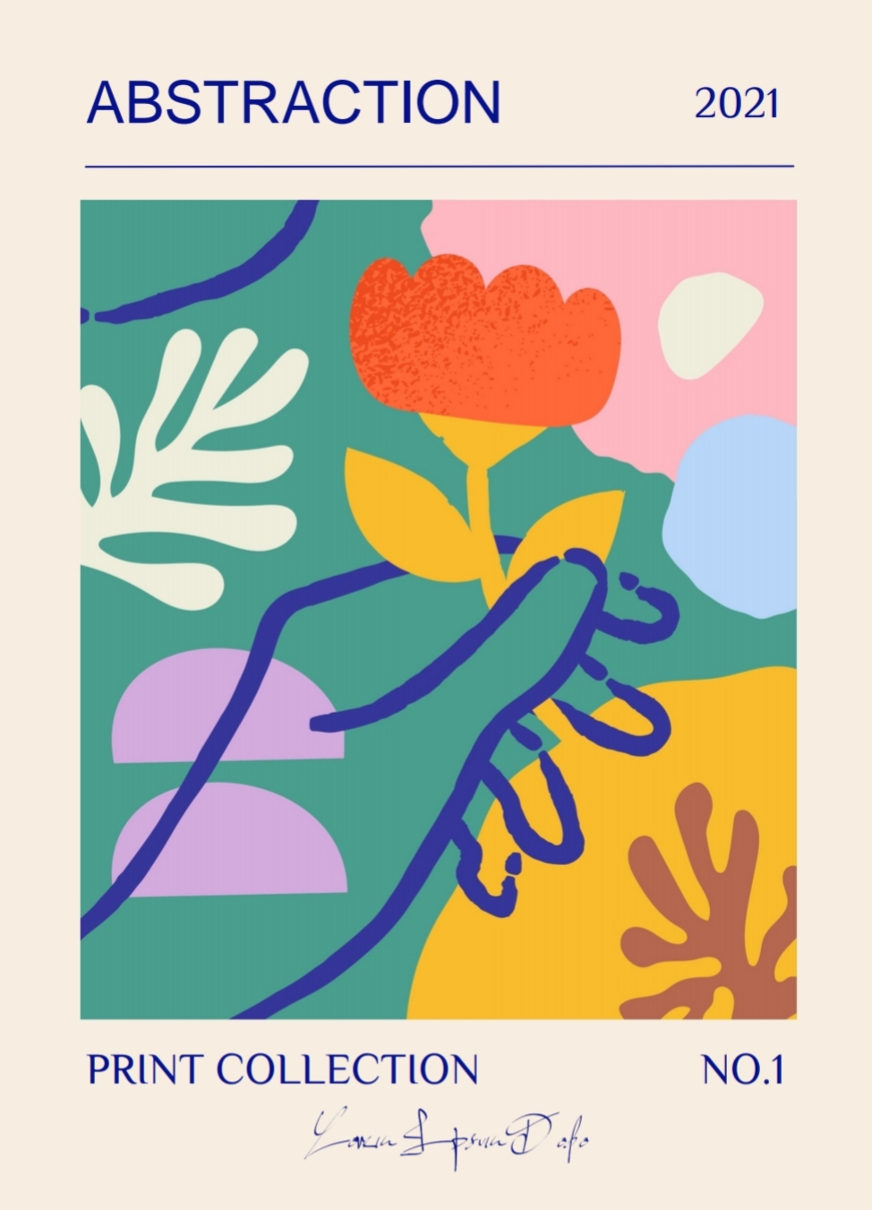 Print Collection No. , Farverig abstrakt blomst, 50 x 70 cm.
