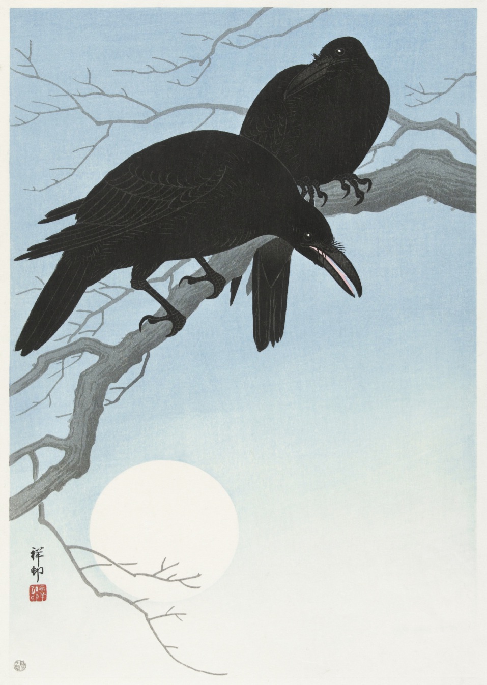 Ohara Koson, Two Crows on a branch, 1927, A3, Mål 29.7 x 42 cm.