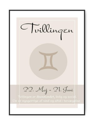 Stjernetegn tvillingen, plakat Str. A3 Mål 29,7 x 42 cm Trykt på 170 gram silk plakatpapir Eks. fragt Sendes indenfor 1-4 dage med GLS uden omdeling.