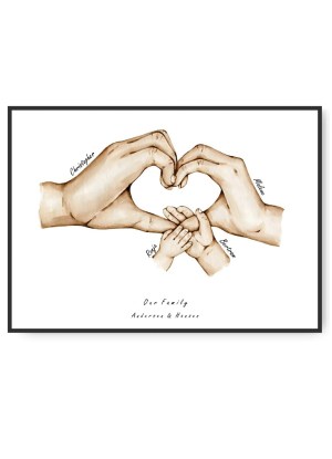 Family hjerte - Mor, far og 2 børn, valgfri navne og tekst