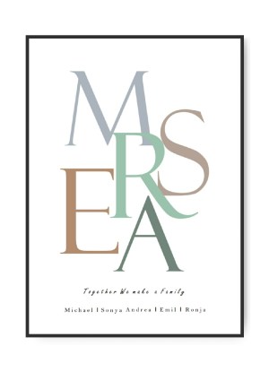 Familie Bogstav plakat, 5 valgfrie bogstaver, farver og tekst