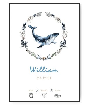 Fødselsplakat Hval, med valgfrit navn og data