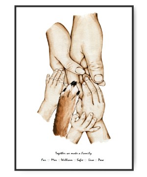 Familie - Mor, far, 3 børn og 1 hund , valgfri navne og tekst