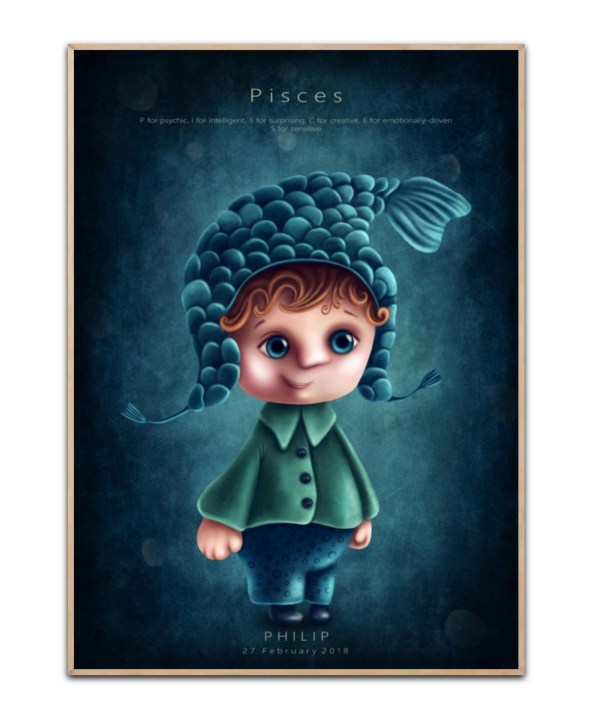 Stjernetegn Fisken dreng, med valgfrit navn og Dato