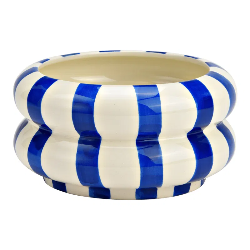 Dekorativ skål i stribet keramik – blå/hvid 15 × 8 × 15 cm - Billede 2