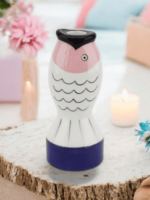 Lysestage Fisk - Blå/hvid/lyserød 7x7x16.5 cm