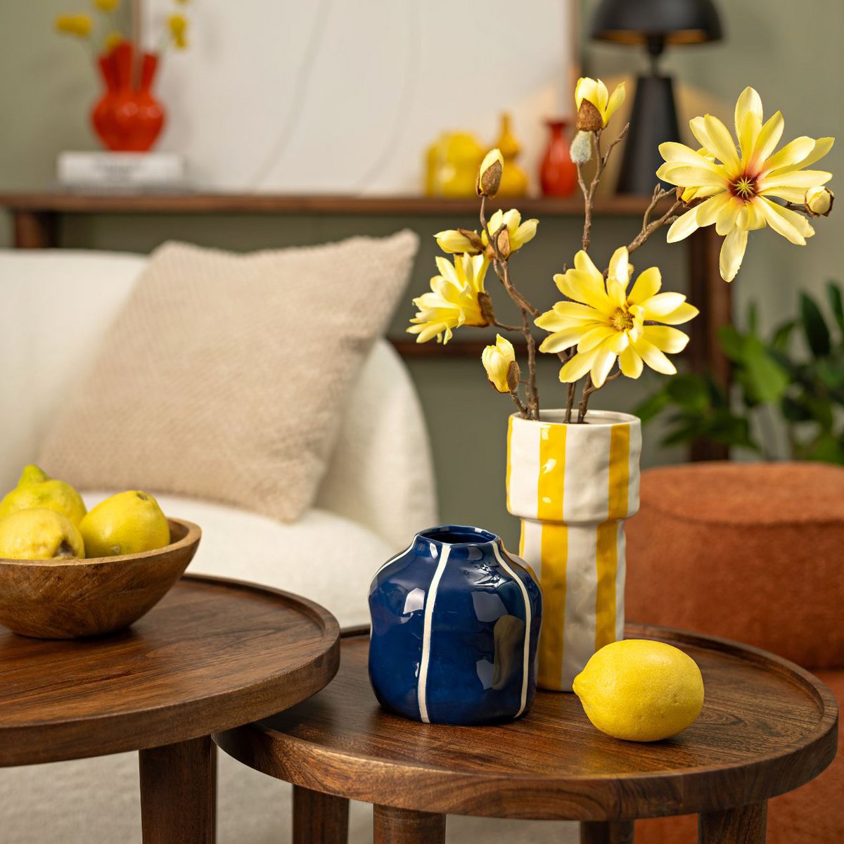 Keramisk vase – blå med dekorative striber 12 × 12 × 12 cm - Billede 4