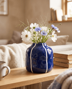 Keramisk vase – blå med dekorative striber 12 × 12 × 12 cm