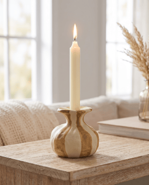 Stribet lysestage i keramik – beige/brun 10 × 10 × 10 cm