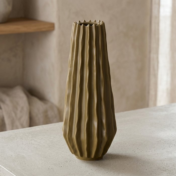Rillet Vase - Olivengrøn keramik 33 cm - Billede 2