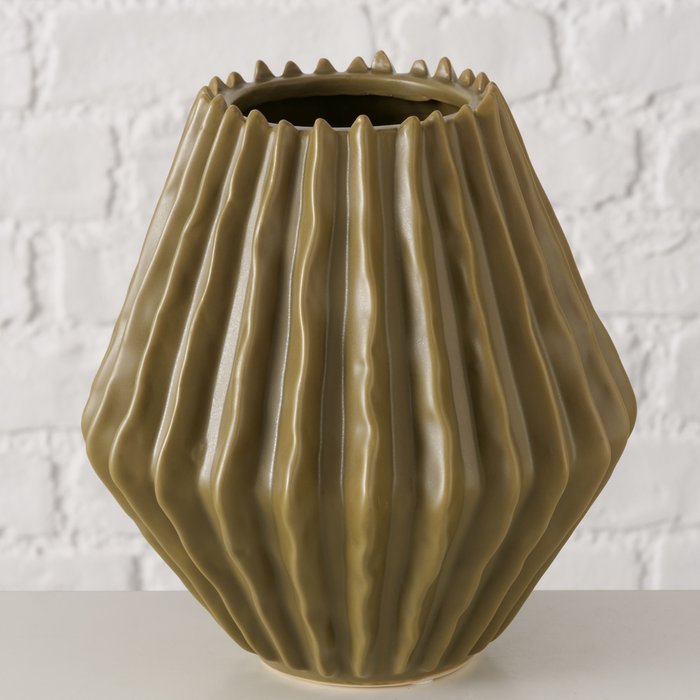 Rillet Vase - Olivengrøn keramik med organisk form 20 cm - Billede 3
