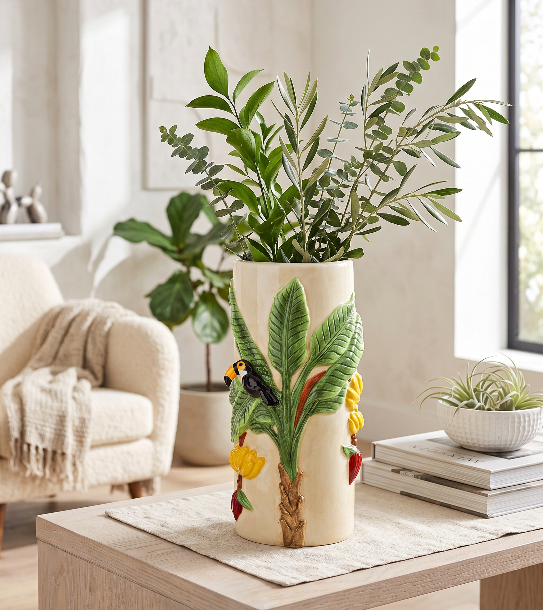 Jungle Vase med Tukan og Tropiske Blade 22 cm